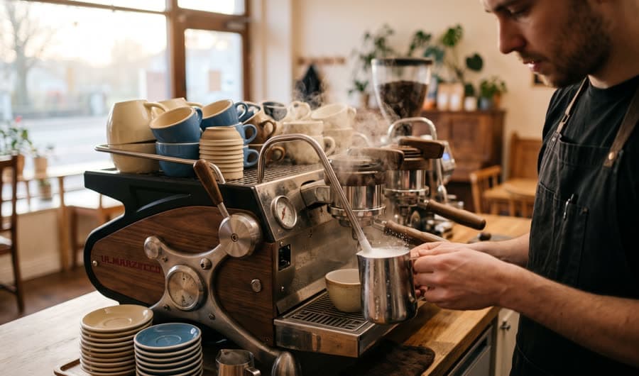 An espresso machine steaming in a quiet cafe at opening time