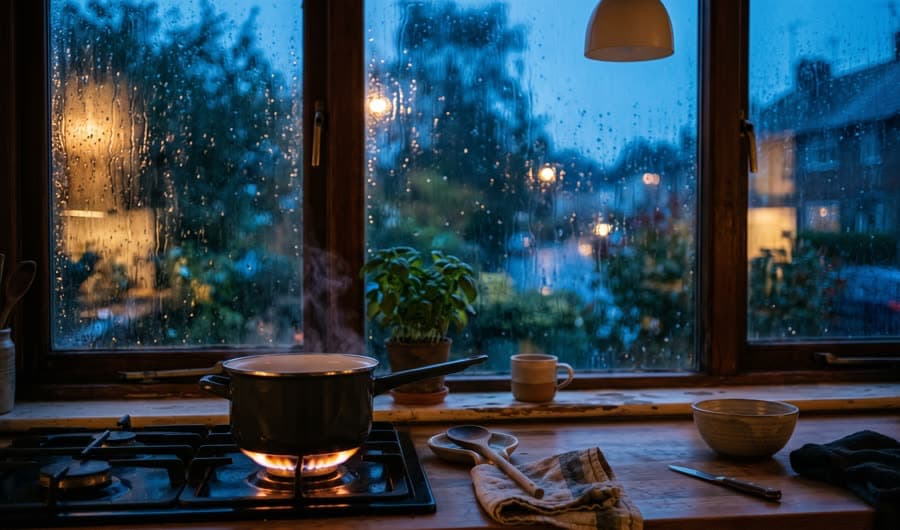A kitchen window streaked with evening rain, a pot simmering inside