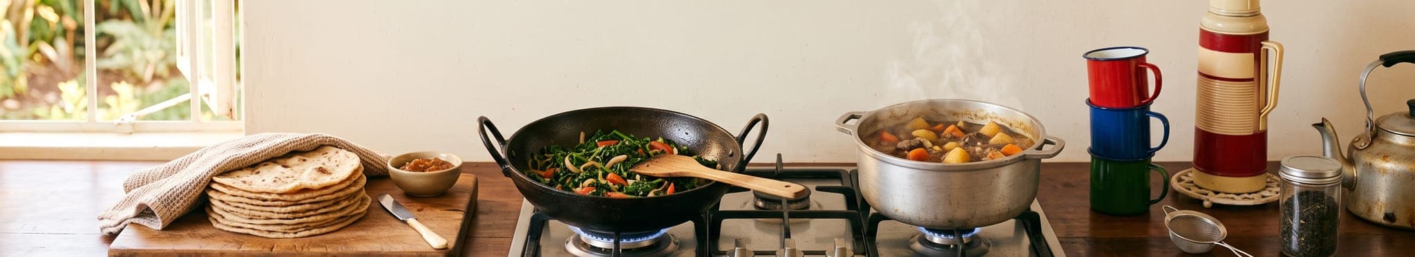 A Nairobi home kitchen counter with chapati, sukuma wiki and simmering stew in warm afternoon light