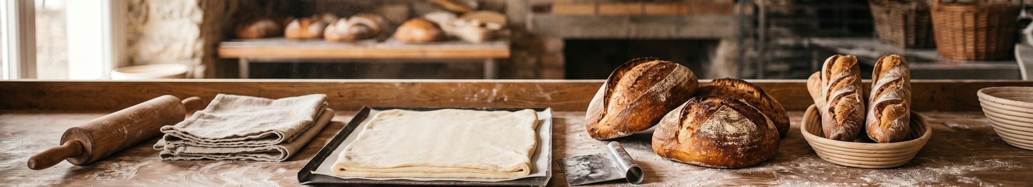 Sourdough loaves, baguettes and laminated dough on a flour-dusted oak bench in morning light