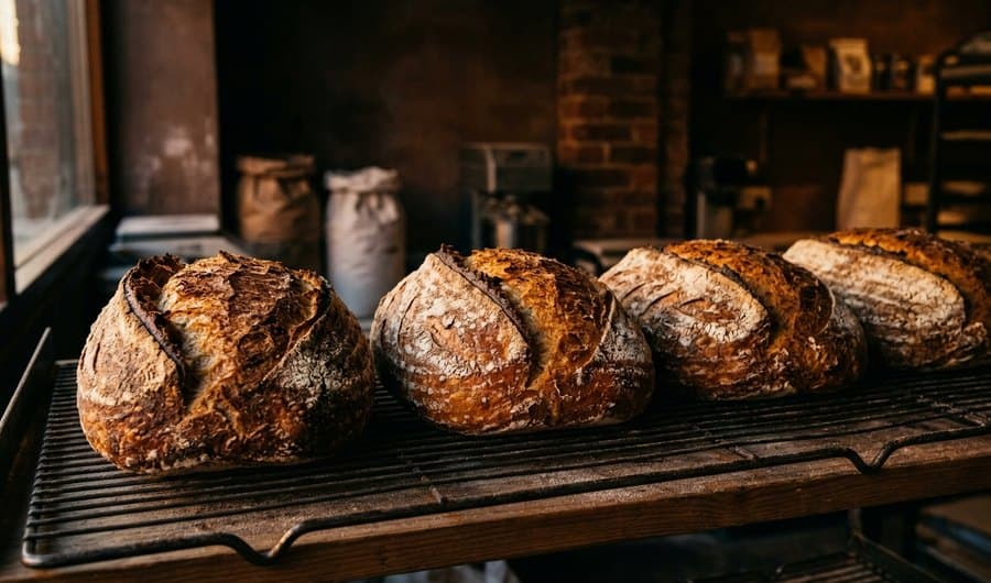 Rustic sourdough loaves cooling on a wire rack in a dim bakery