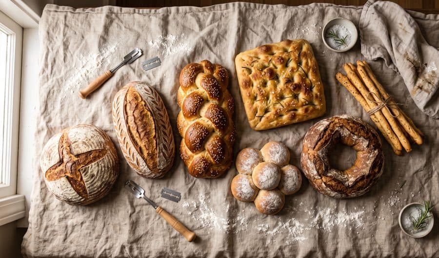 Overhead view of seven bread shapes from one dough arranged on rumpled linen