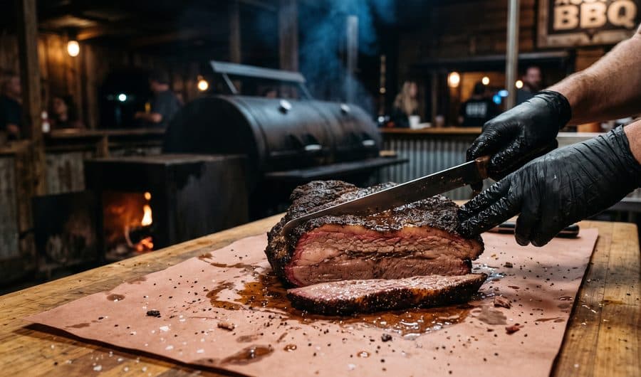 Gloved hands slicing a smoked brisket with deep bark and a rosy smoke ring on butcher paper