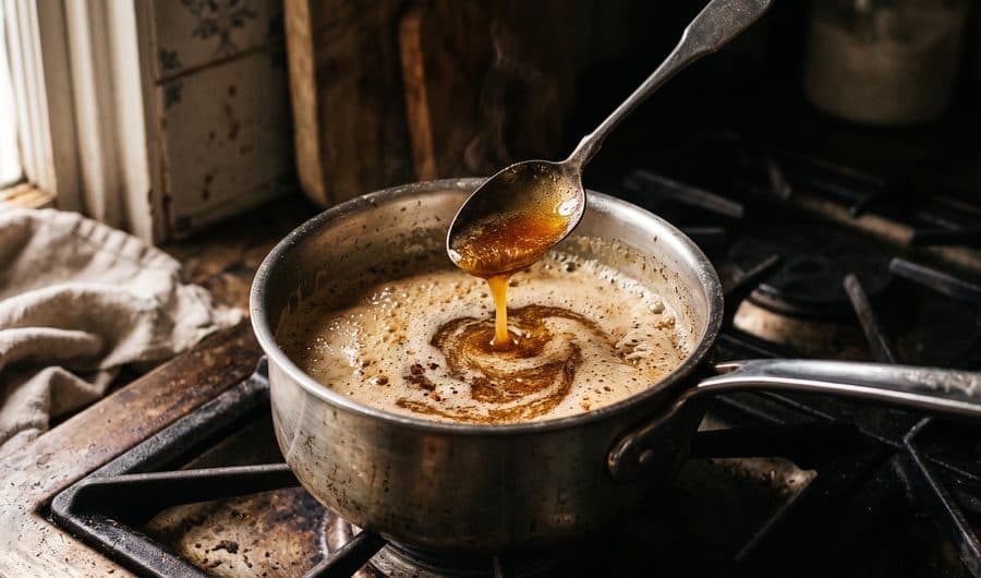 A spoon lifting a ribbon of foaming amber brown butter from a stainless saucepan
