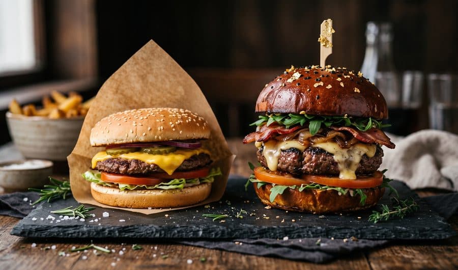 A simple thin cheeseburger beside a towering premium burger on dark slate