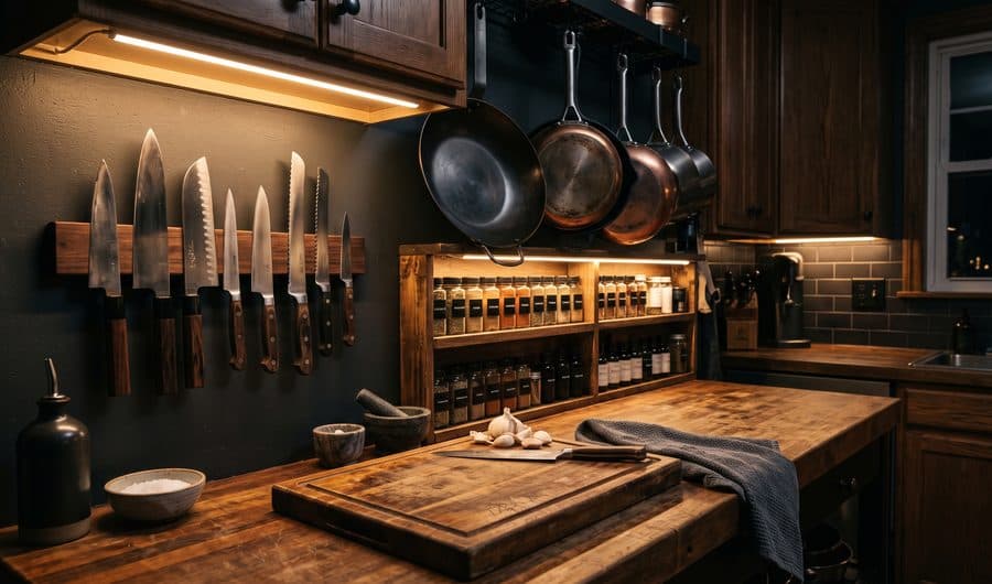 A tidy night kitchen with a magnetic knife wall, hanging pans and labeled spice shelves