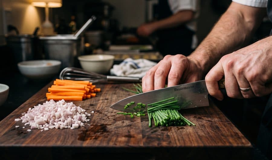A chef's knife slicing chives on a walnut board beside neatly diced shallot and carrot