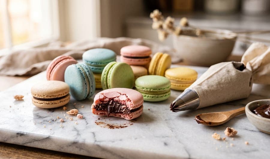 Pastel macarons on a marble counter, one shell cracked open to show a dark ganache center