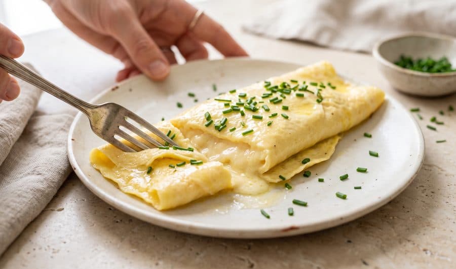A pale golden rolled omelet scattered with chives on a warm ceramic plate