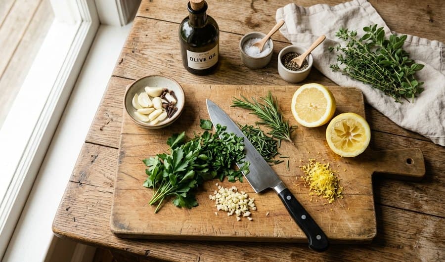 Overhead view of herbs, garlic and lemon being prepped on a wooden board
