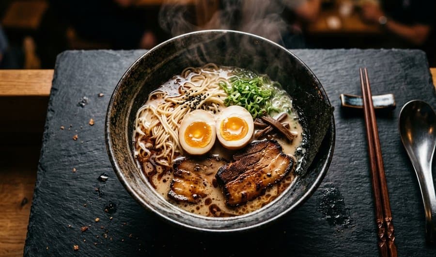 Overhead view of a steaming bowl of tonkotsu ramen on dark slate