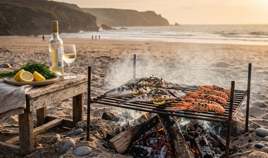 Whole fish and langoustines grilling over driftwood coals on a beach at golden hour