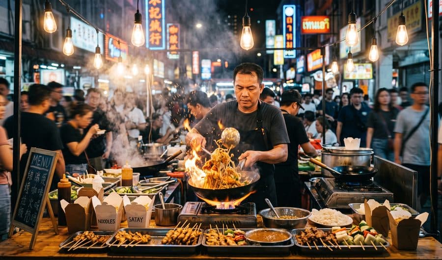 A night market cook tossing a flaming wok amid steam, skewers and neon lights