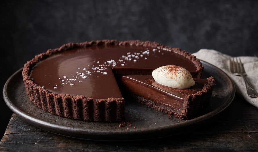 A glossy chocolate tart with one slice pulled forward and a cream quenelle on top