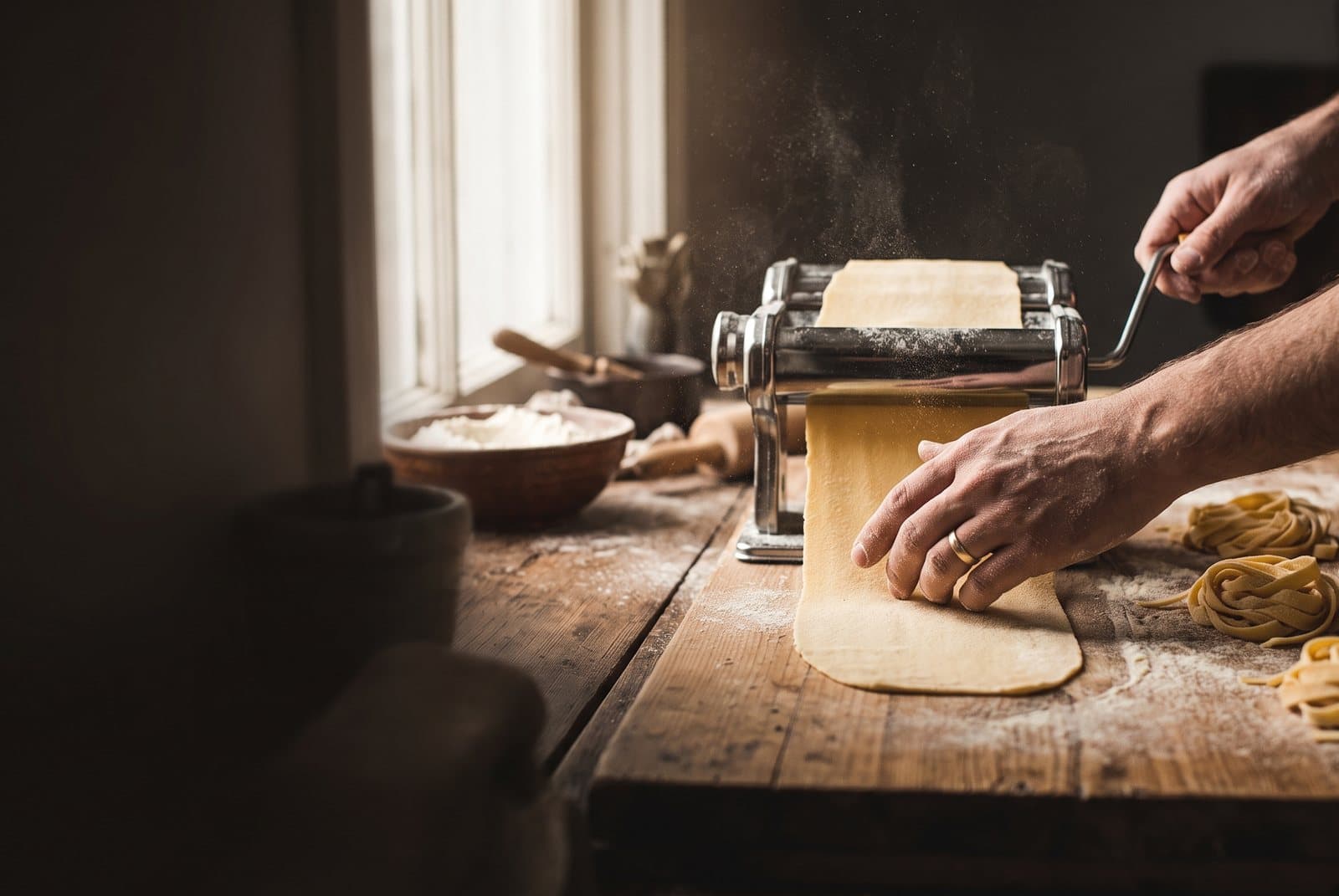 Flour-dusted hands guiding a sheet of pasta through a roller beside nests of fresh tagliatelle in warm window light
