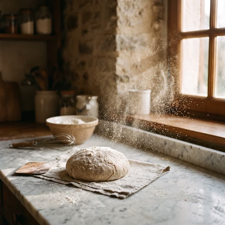 Flour dust drifting through morning light above a ball of dough