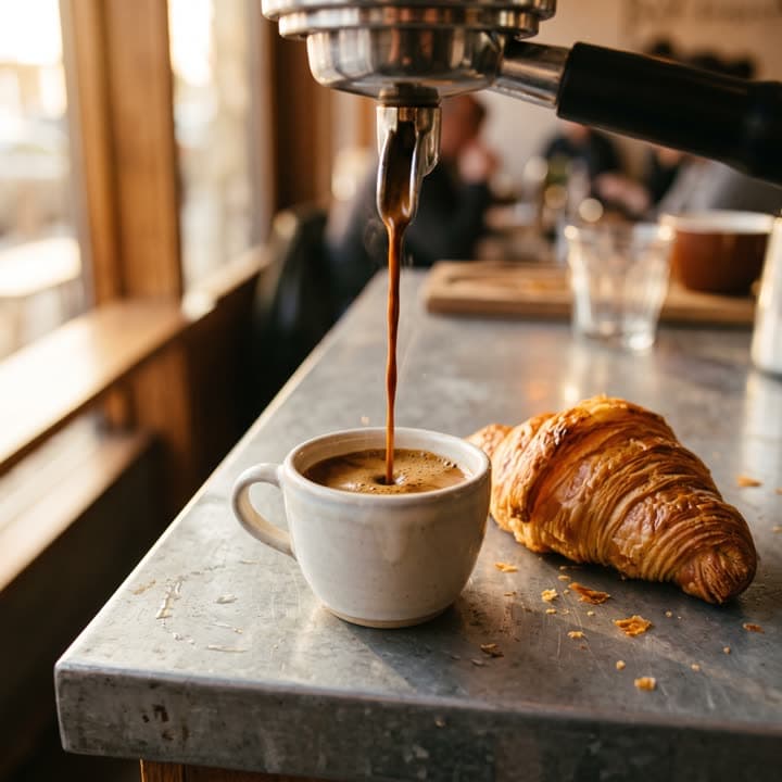 Espresso pouring into a small cup beside a croissant on a zinc counter