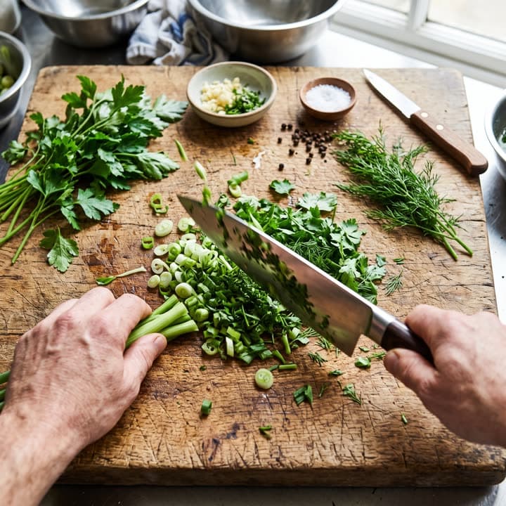 Overhead of a chef's knife mid-chop through herbs on a worn wooden board