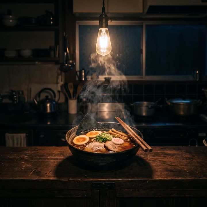 A steaming bowl of ramen under a single warm bulb in a dark kitchen
