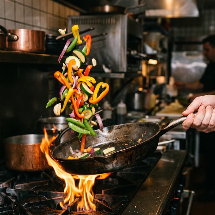 A skillet mid-toss with vegetables suspended over a gas flame