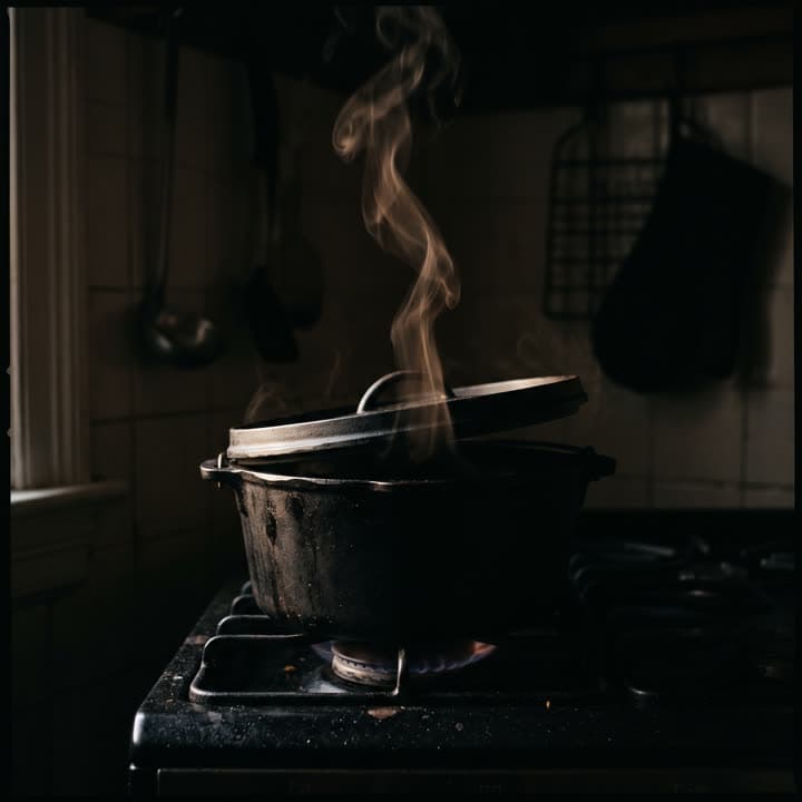 A dark dutch oven on a stove with a slow ribbon of steam in low light