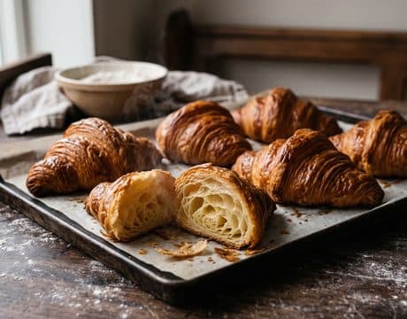 Golden laminated croissants on a dark tray, one torn open to show its honeycomb layers