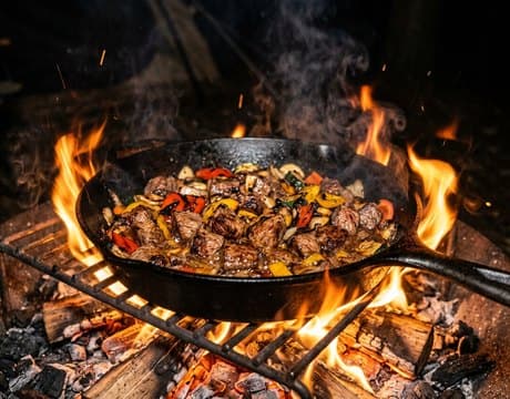 A cast iron pan of food sizzling over an open wood fire