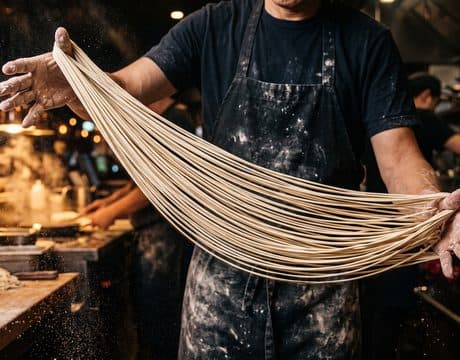 A cook fanning long strands of hand-pulled noodles between spread hands in a dark kitchen