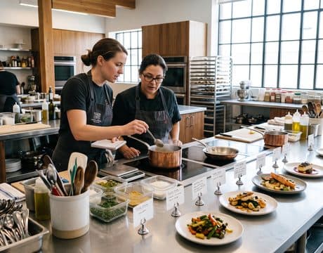 Two cooks conferring over a saucepan in a bright test kitchen lined with plated dishes