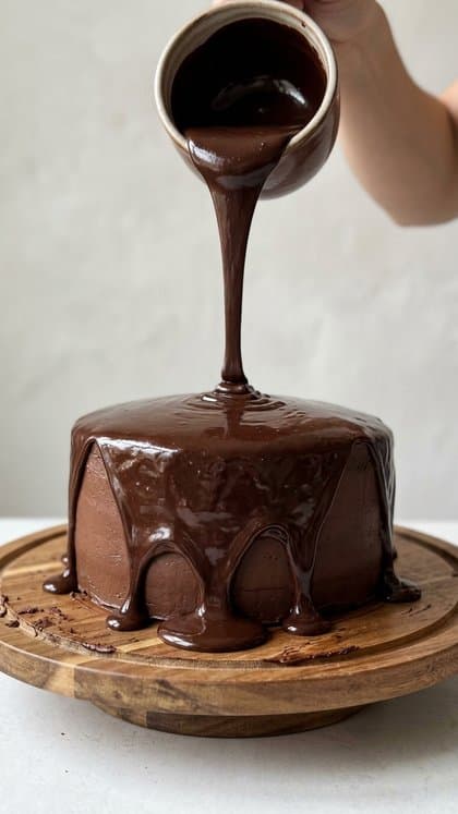 Dark chocolate ganache pouring over a layer cake