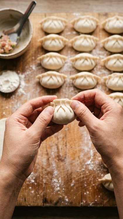Hands crimping a pleated dumpling on a floured board