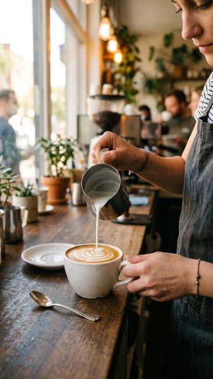Barista pouring rosetta latte art into a white cup