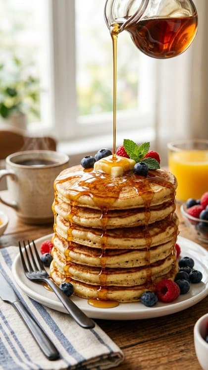 Maple syrup pouring over a tall stack of pancakes
