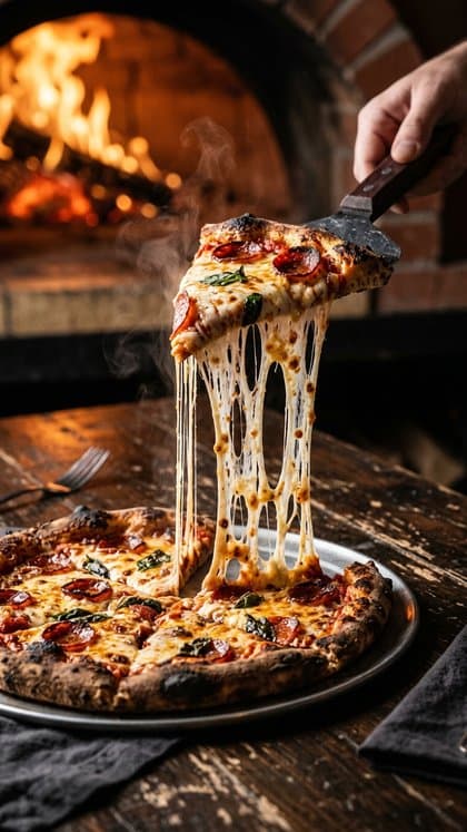 Melted mozzarella stretching from a lifted pizza slice