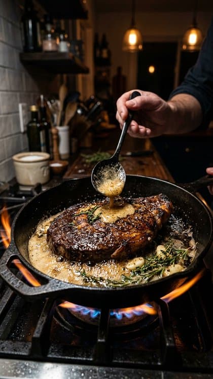 Spooning foaming garlic butter over a steak in a skillet