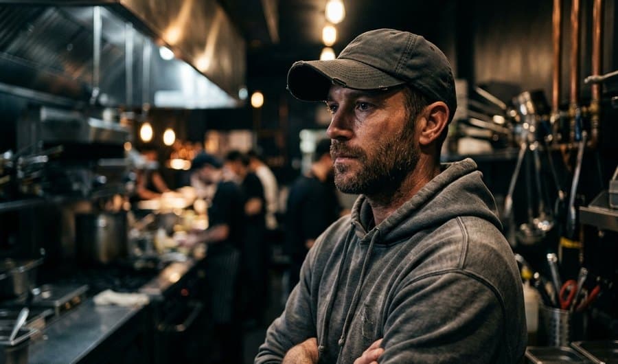 A person in a dark cap working in a dimly lit industrial kitchen