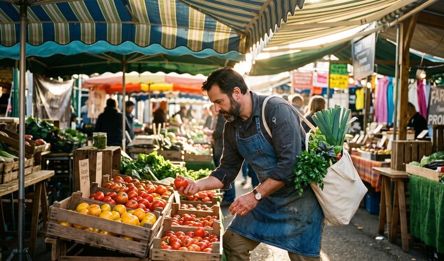 A chef in a denim apron choosing tomatoes at a sunlit morning farmers market