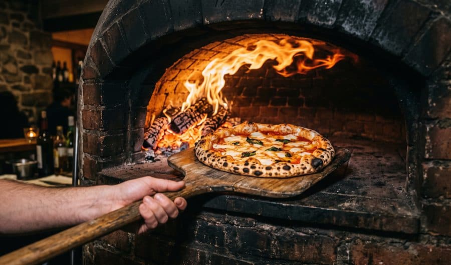 A blistered margherita pizza on a wooden peel inside a flaming wood-fired oven