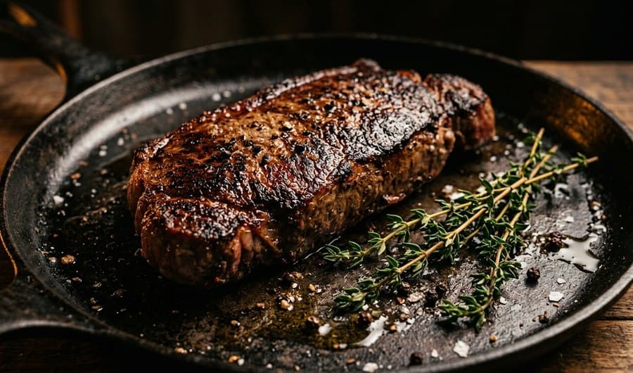 A thick seared steak resting in a black cast iron skillet