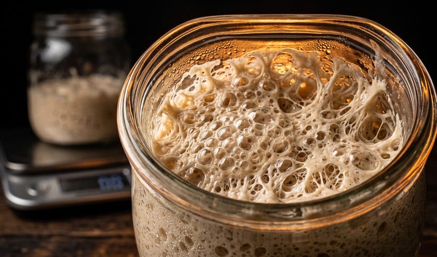 Backlit macro of a bubbling sourdough starter in a glass jar beside a kitchen scale