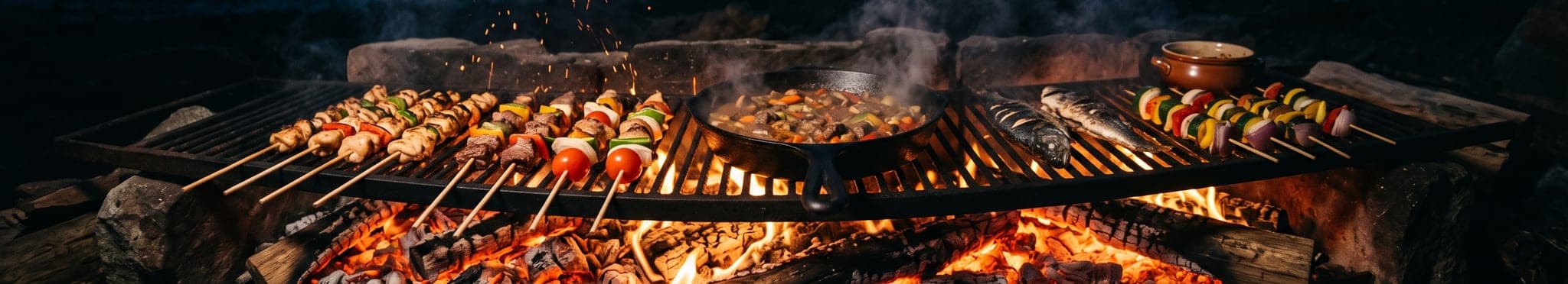 A long grill grate over glowing embers at dusk, sparks drifting above skewers and cast iron