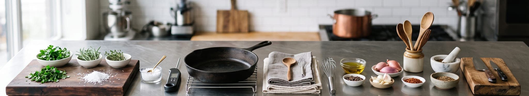 A long test-kitchen counter with precise mise en place — herbs, salts, a thermometer and a cast iron pan in warm daylight