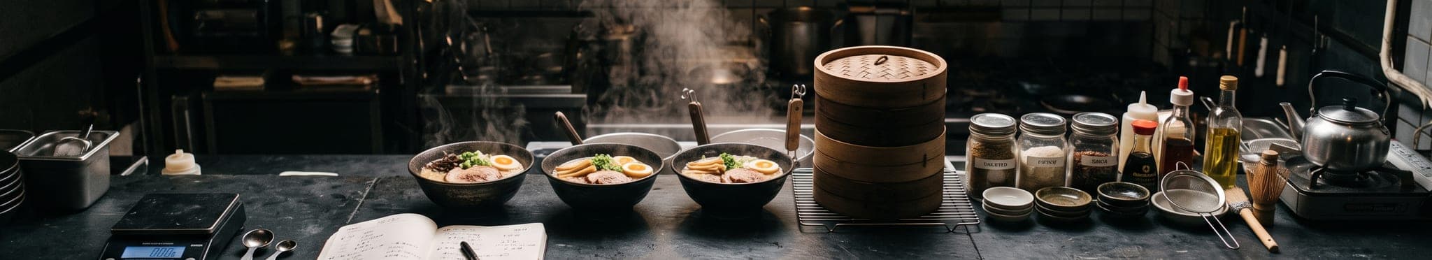 Steaming ramen bowls, bamboo steamers and a precision scale along a dark slate counter