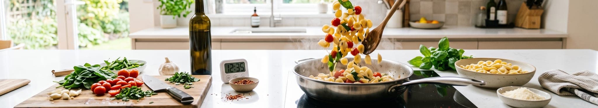 A bright home kitchen counter mid-dinner — a skillet of pasta, chopped vegetables and a timer