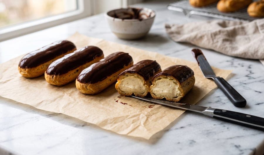Glossy chocolate-glazed éclairs on parchment, one cut open to show vanilla crème pâtissière