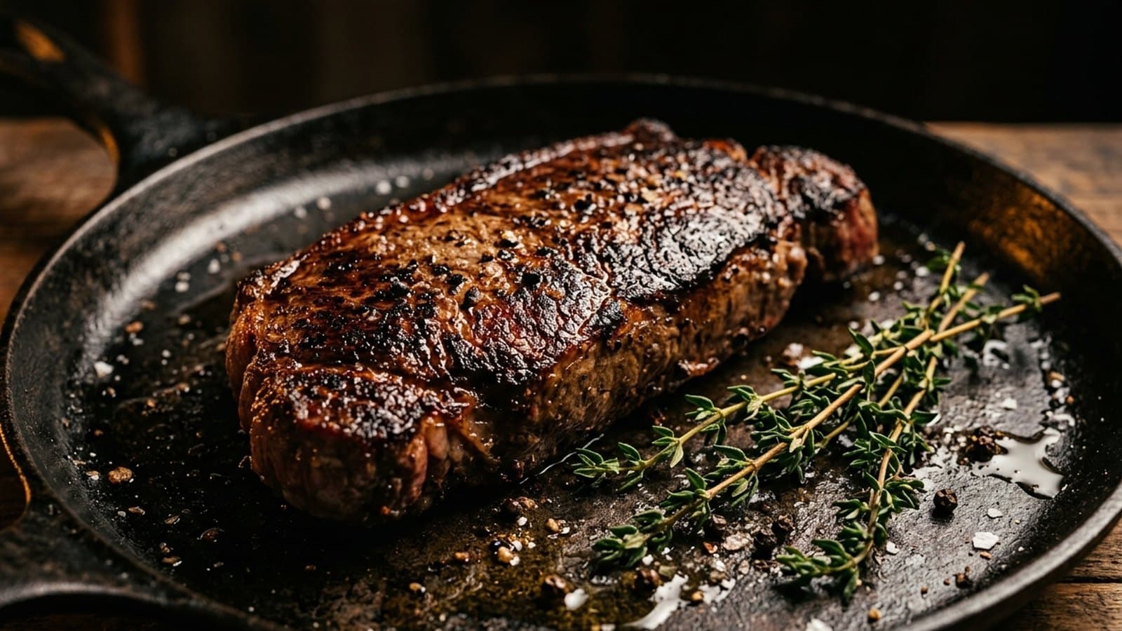 A thick ribeye searing in a cast iron skillet with flames licking the pan edge